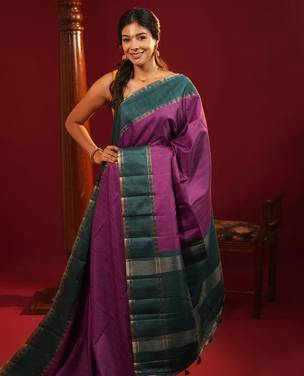Purple Plain Semi Tussa Silk Saree